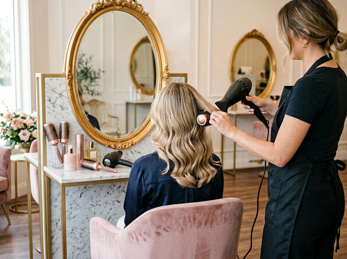 A stylist finishing an elegant blowout at Tres Bon Salon