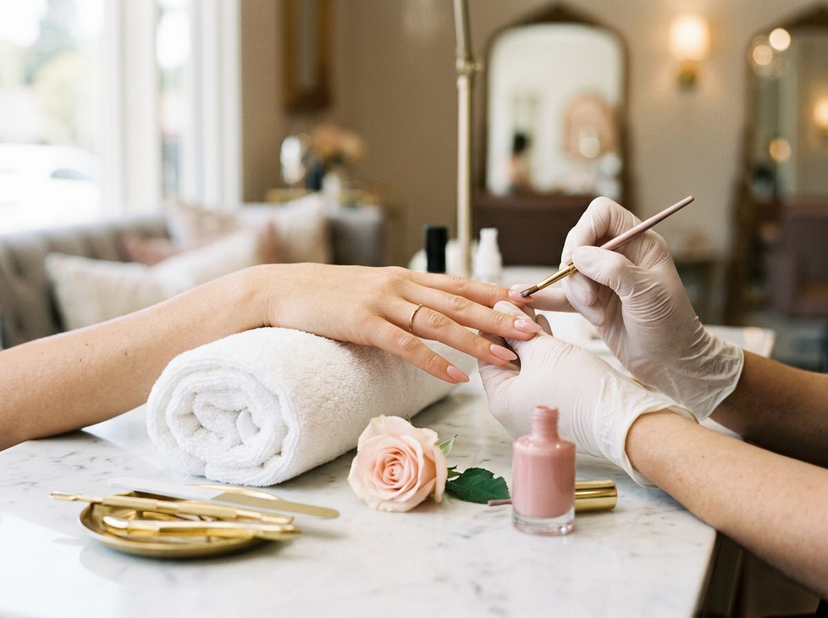 A blush-toned manicure in progress at Tres Bon Salon